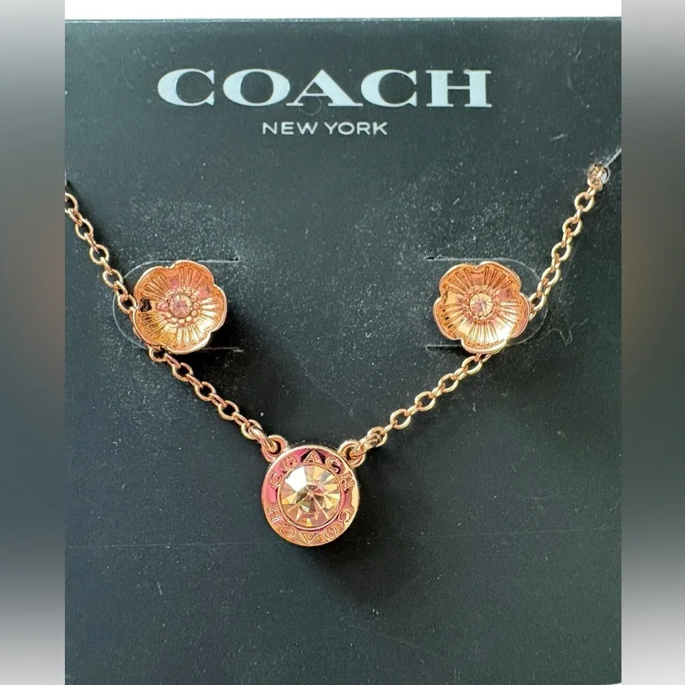 Coach Floral Crystal Pendant Necklace Rose Gold Tone Tea Rose Style